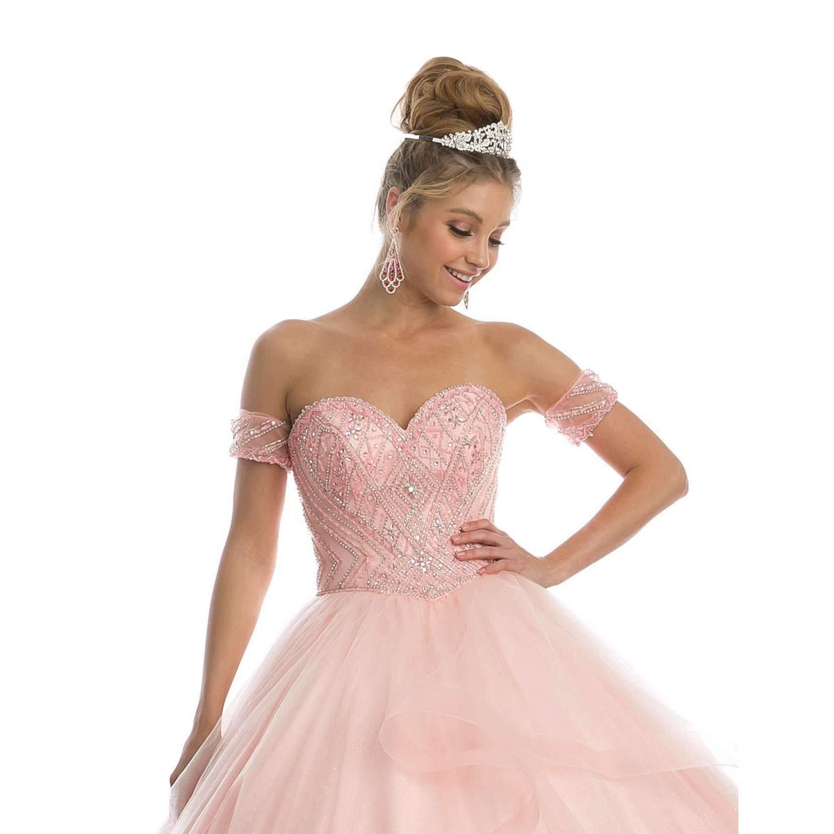 Blush ball gown with beaded sweetheart bodice, off-shoulder tulle sleeves, full skirt