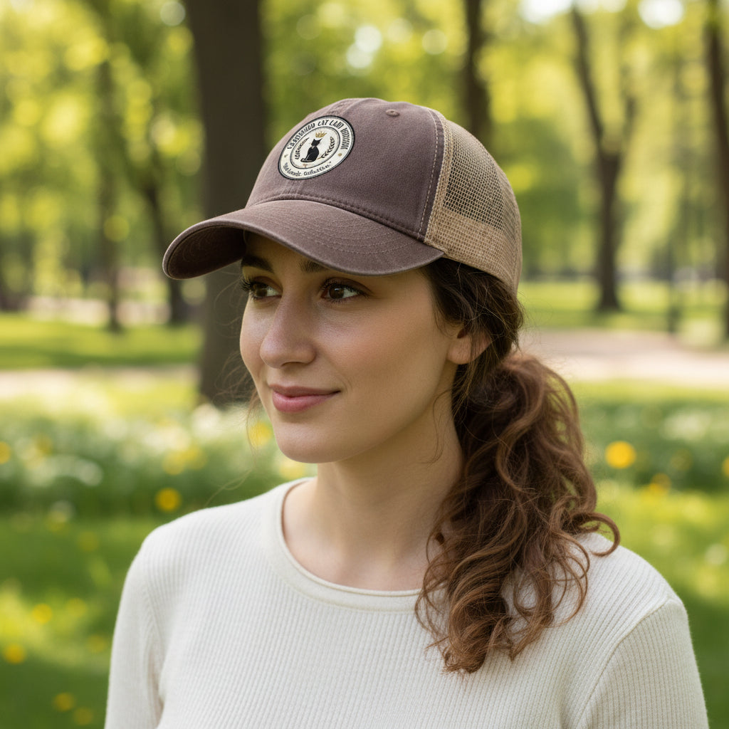 Chocolate brown ponytail cap with mesh back and round logo patch