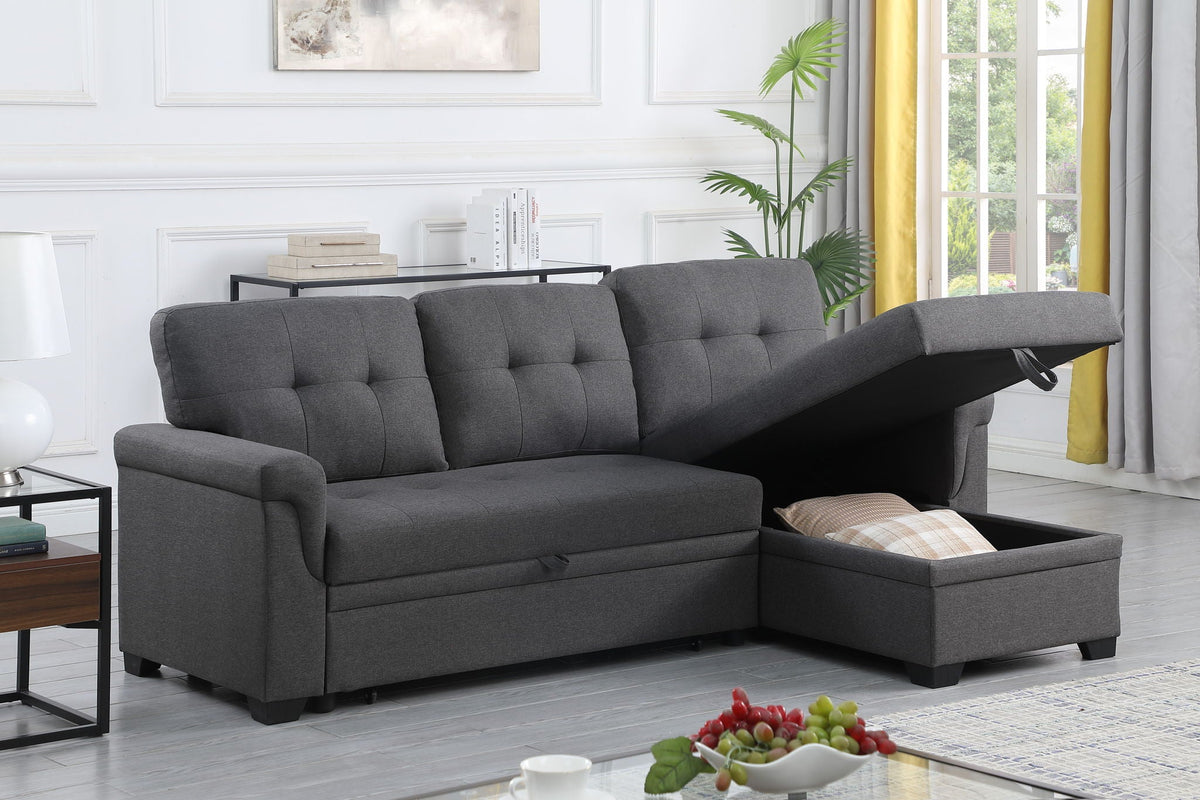 Dark gray sofa with storage chaise featuring an open compartment and tufted cushions