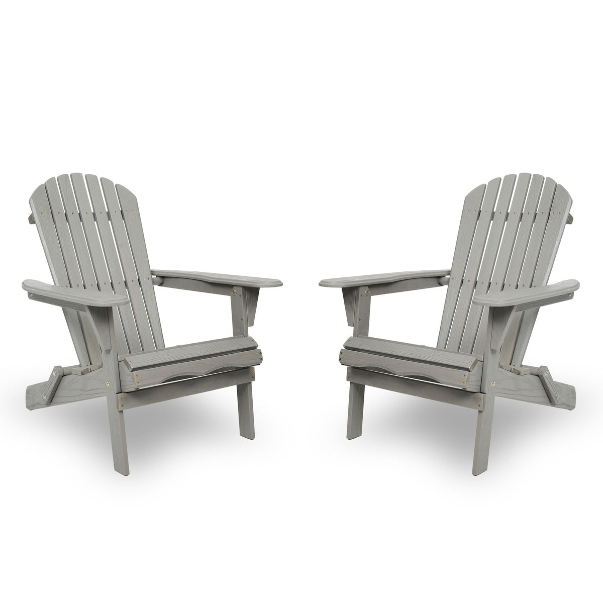 Set of 2 wooden folding adirondack chairs, gray slatted backs and wide armrests