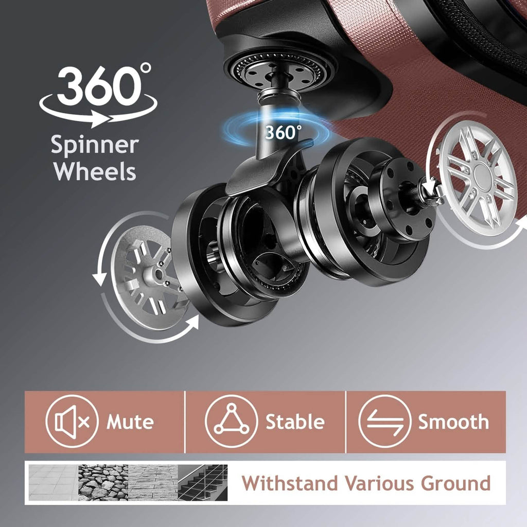 360-degree spinner wheels detail on hard shell luggage with multi-wheel base