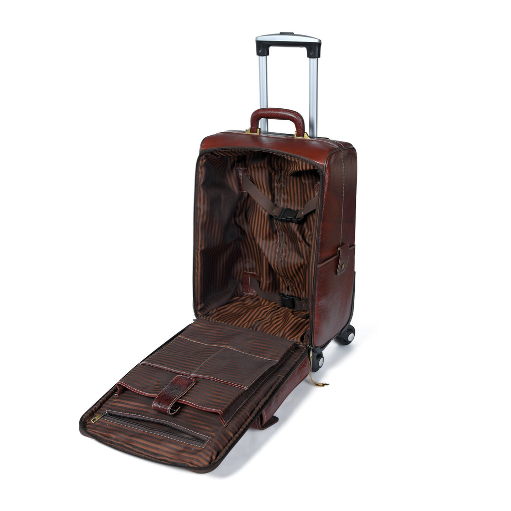 Brown leather carry-on trolley bag open view showing lined interior and folded base mat