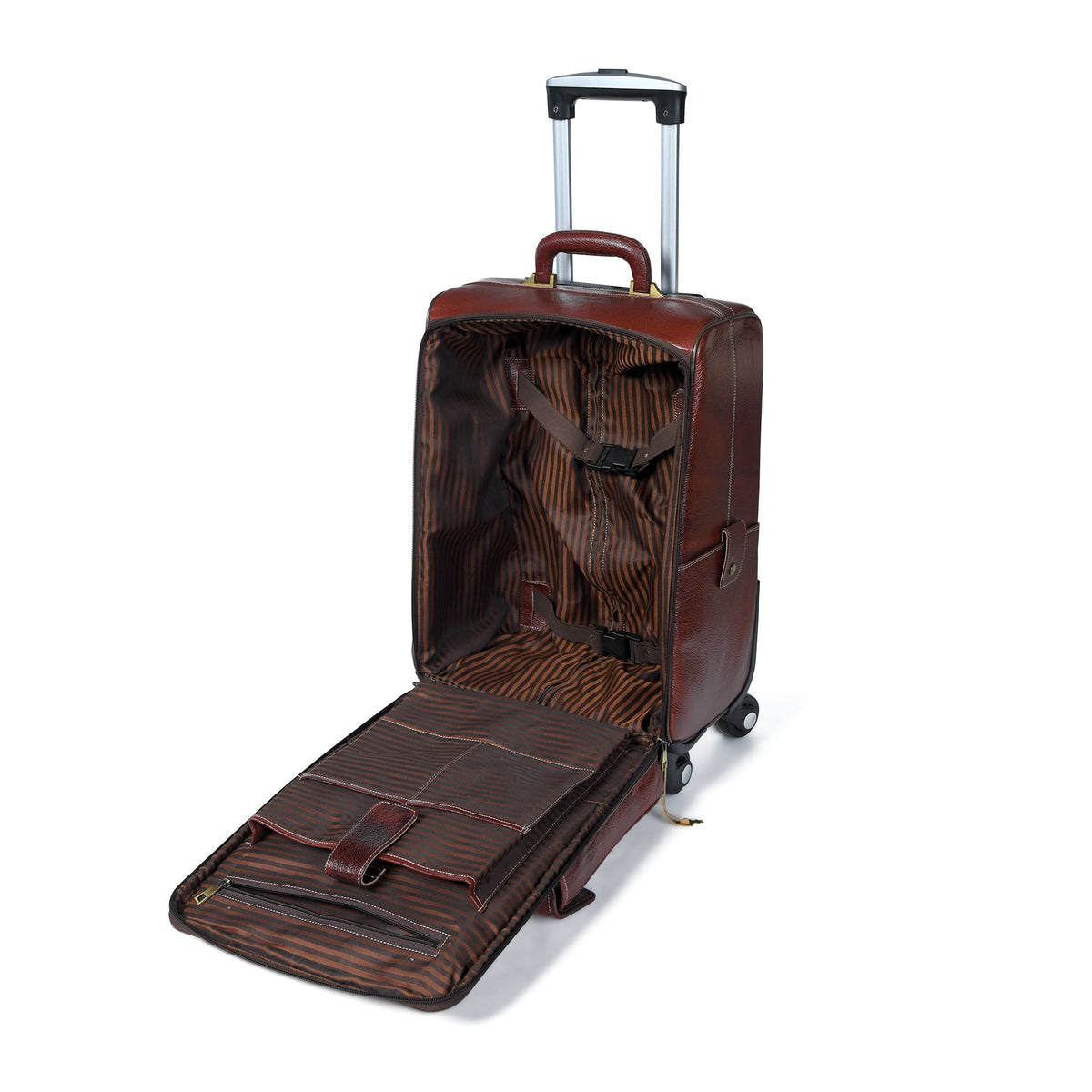 Brown leather carry-on trolley bag open view showing lined interior and folded base mat