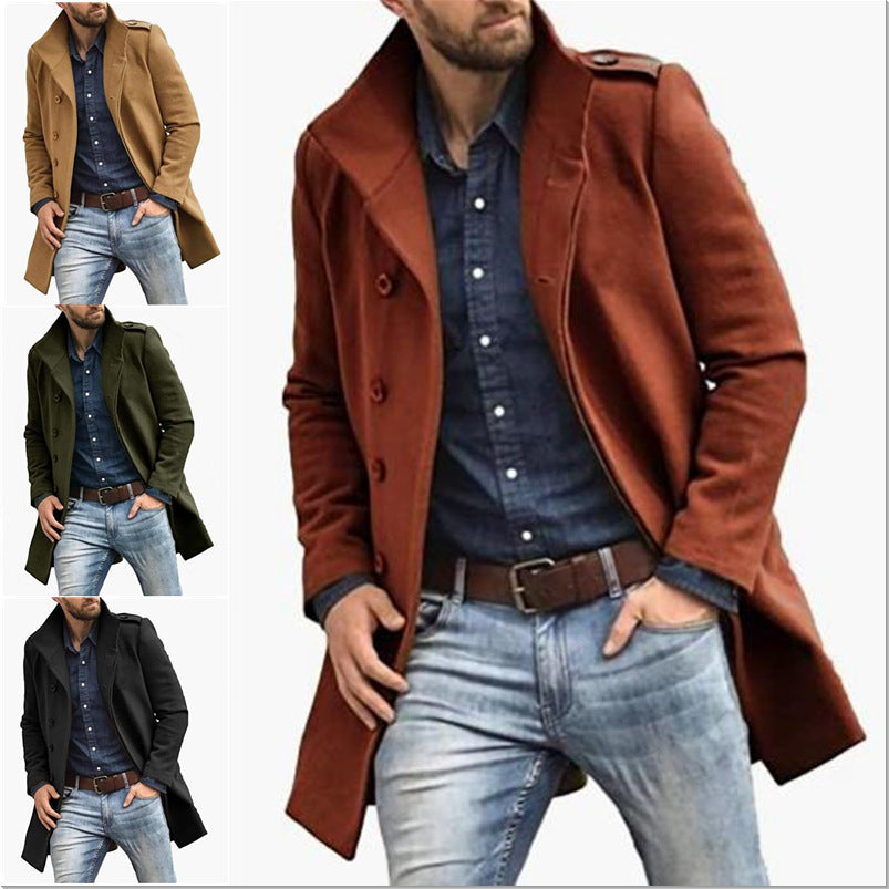 Men's wool coat in brick red, notched lapels, button-front, long sleeves