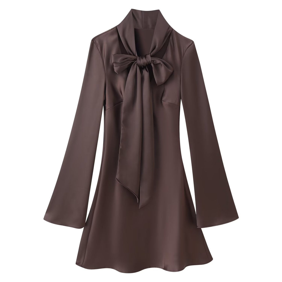 Women’s dark brown satin scarf bow dress with long sleeves and A-line skirt