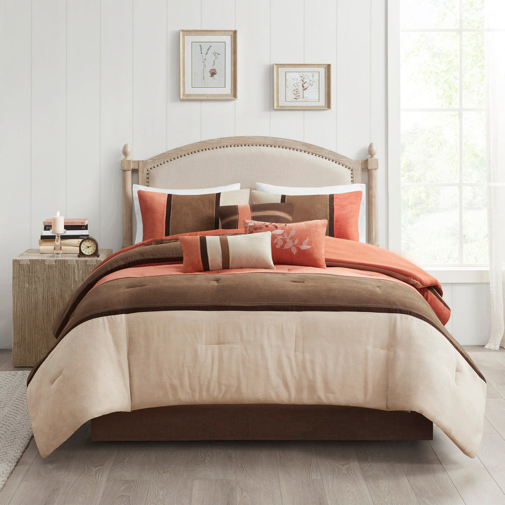 Queen comforter set with coral and brown comforter, cream panel, and decorative pillows