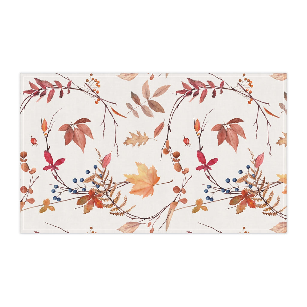 Rectangular fall foliage tea towel with curved vine and leaf border print