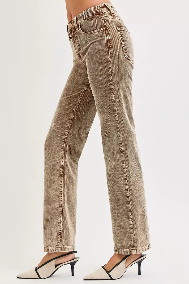 Mocha corduroy straight-leg pants in side view with zipper fly and belt loops