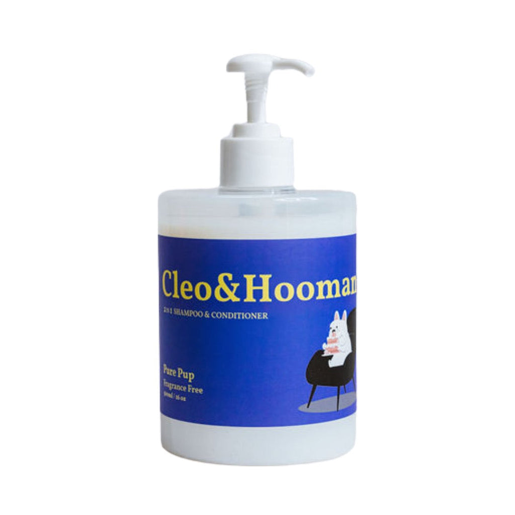 Dog shampoo and conditioner pump bottle with blue label and white dispenser
