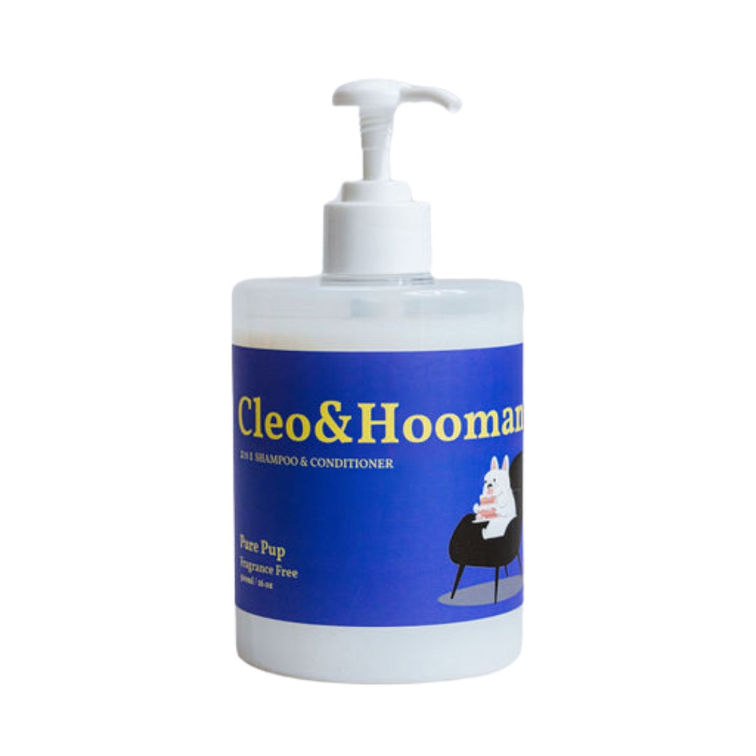 Dog shampoo and conditioner pump bottle with blue label and white dispenser