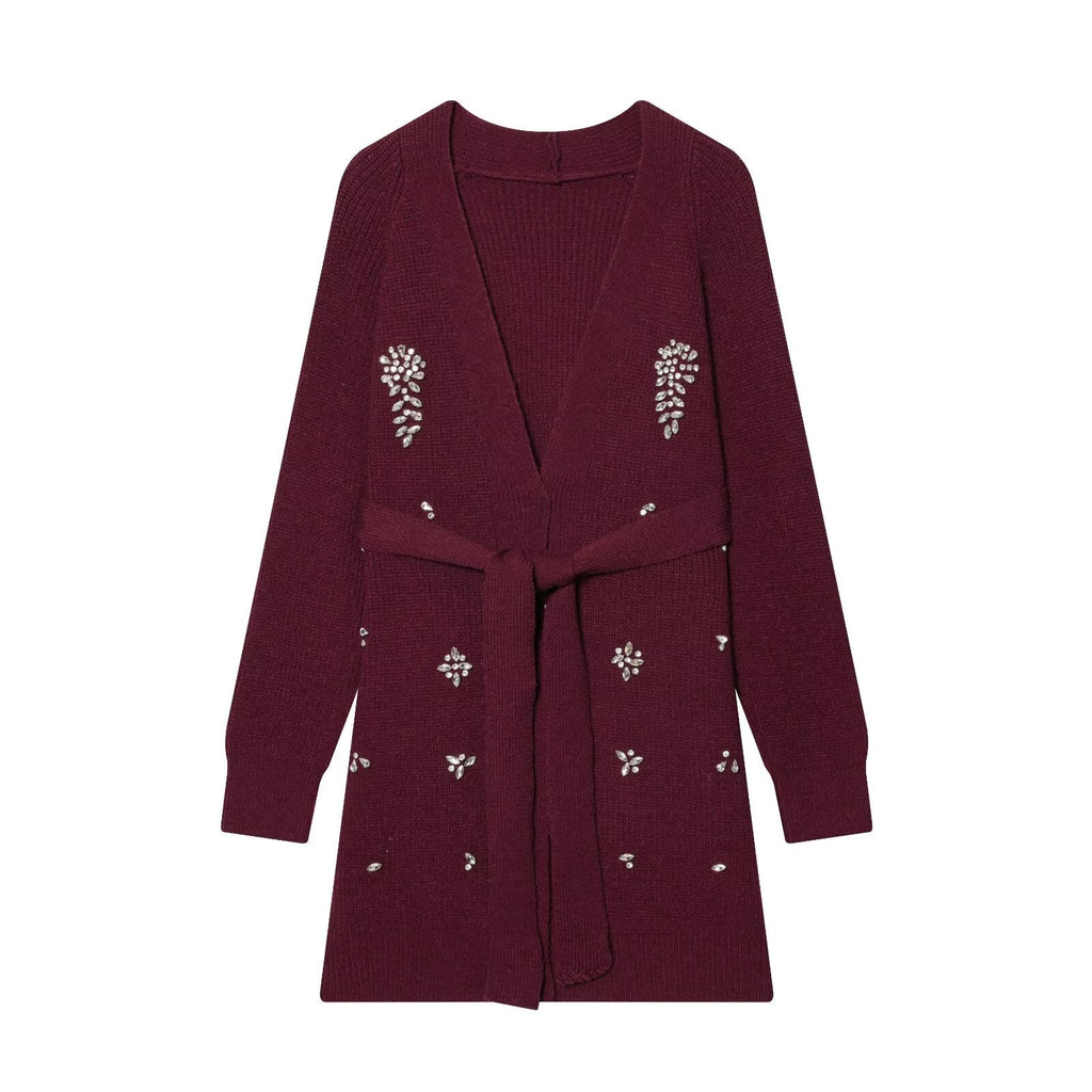Burgundy knitted cardigan with V-neck, long sleeves, beaded floral patches and tied belt