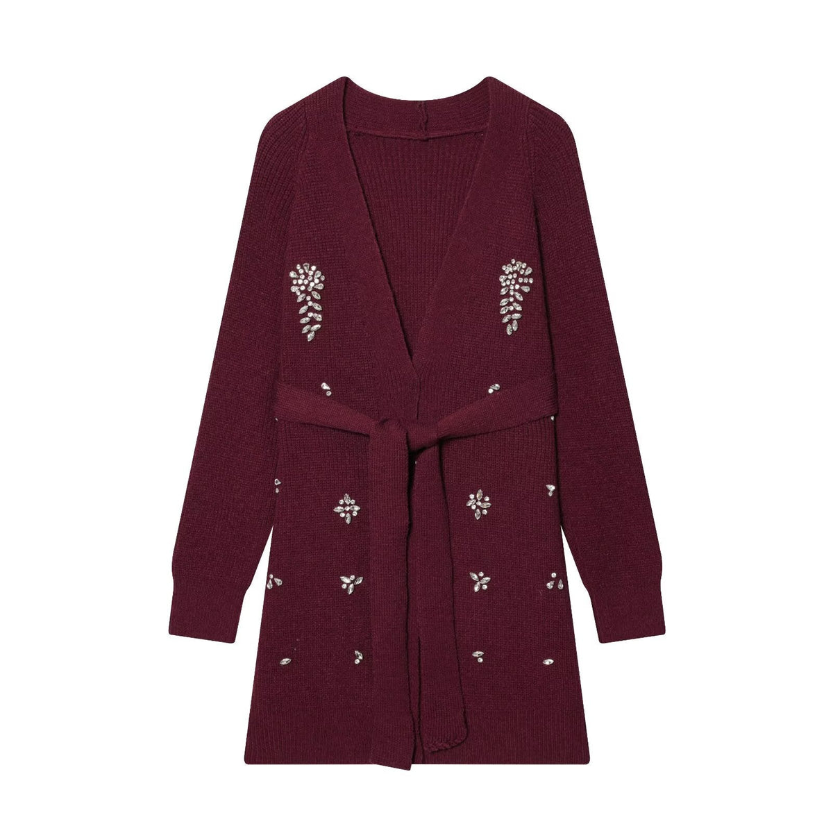 Burgundy knitted cardigan with V-neck, long sleeves, beaded floral patches and tied belt