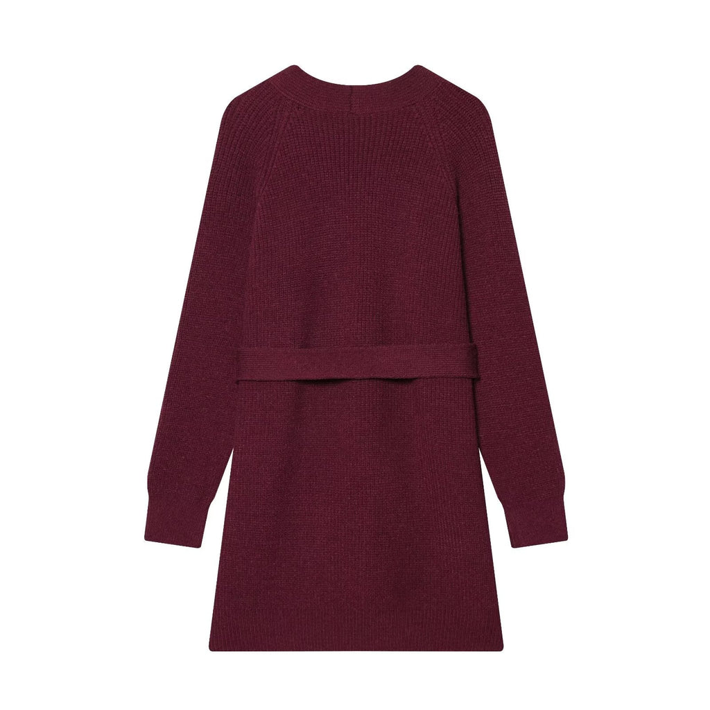 Burgundy knitted cardigan with V-neck, long sleeves, and self-tie waist belt