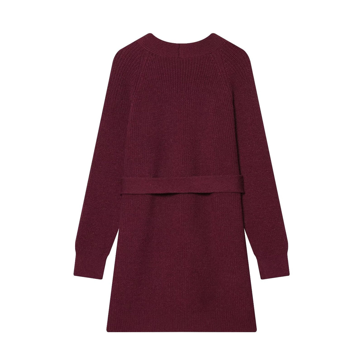 Burgundy knitted cardigan with V-neck, long sleeves, and self-tie waist belt