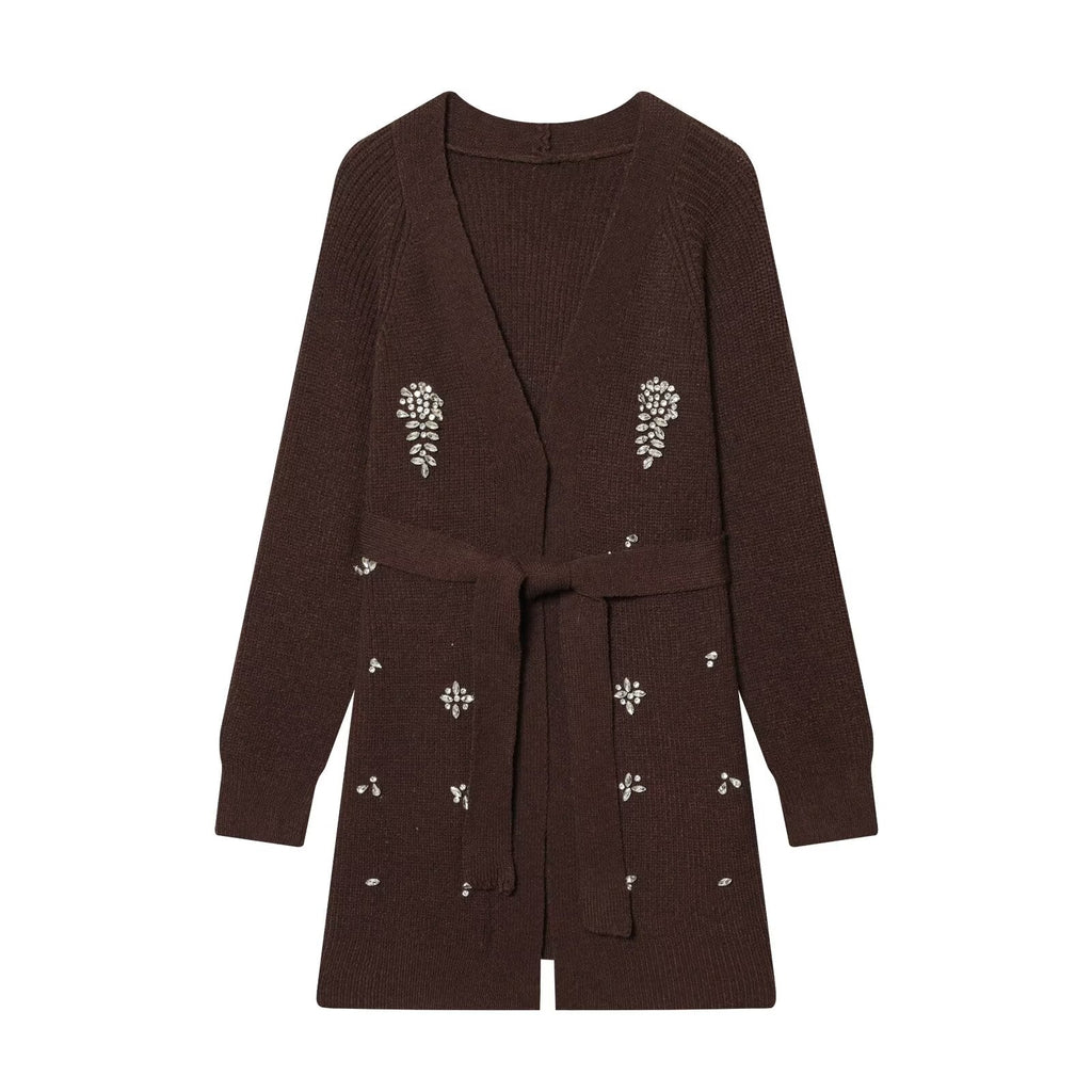 Brown knitted cardigan with V-neck, long sleeves, beaded floral front detailing and belt