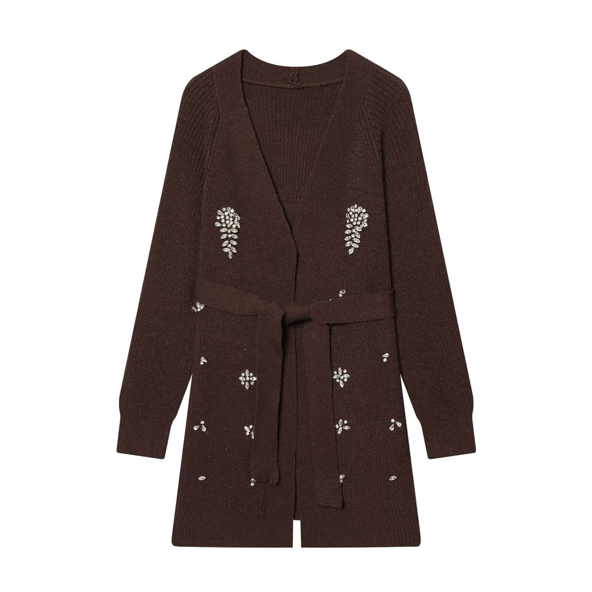 Brown knitted cardigan with V-neck, long sleeves, beaded floral front detailing and belt