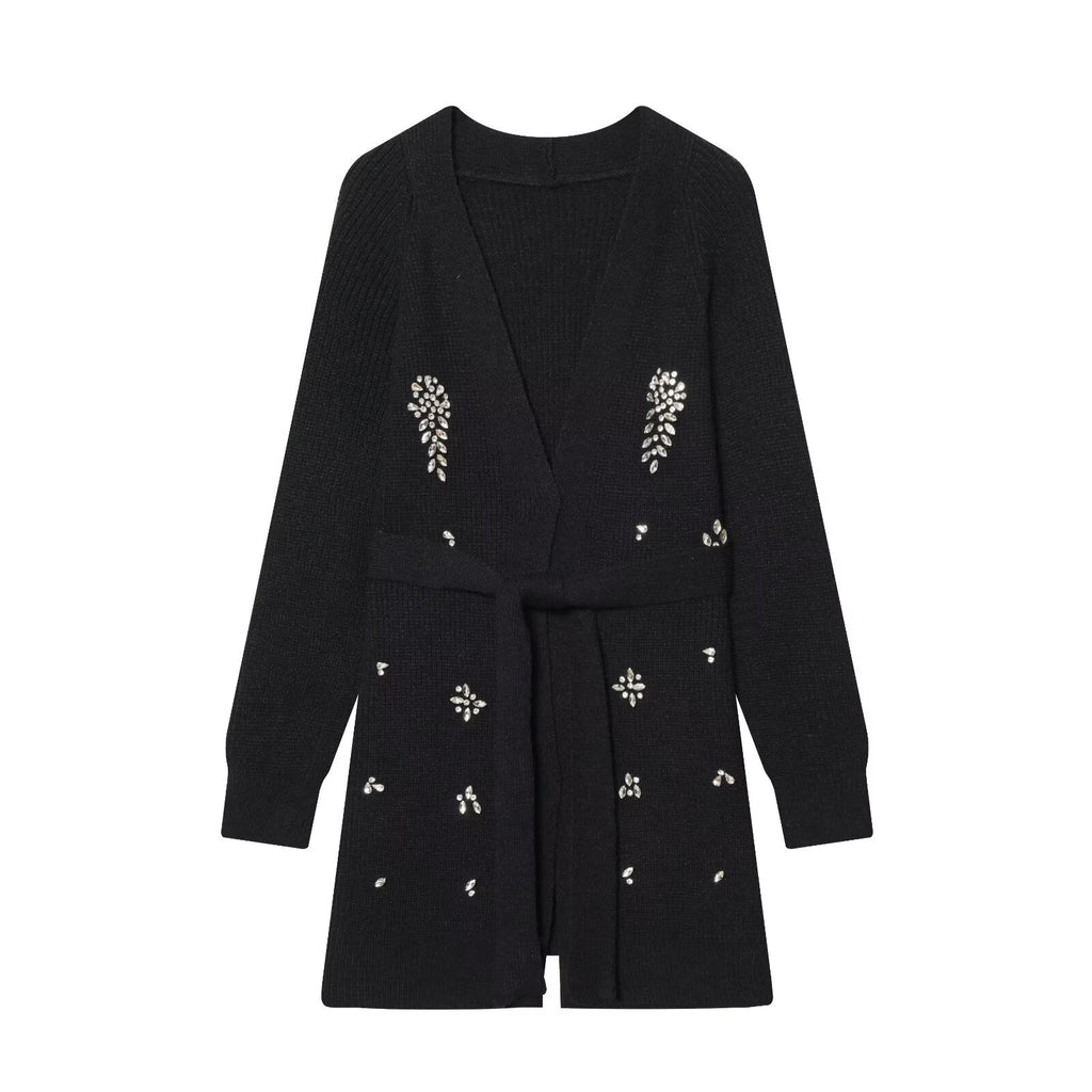 Black knitted cardigan with V-neck, long sleeves, beaded floral accents and tie belt
