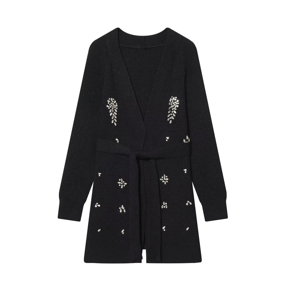 Black knitted cardigan with V-neck, long sleeves, beaded floral accents and tie belt