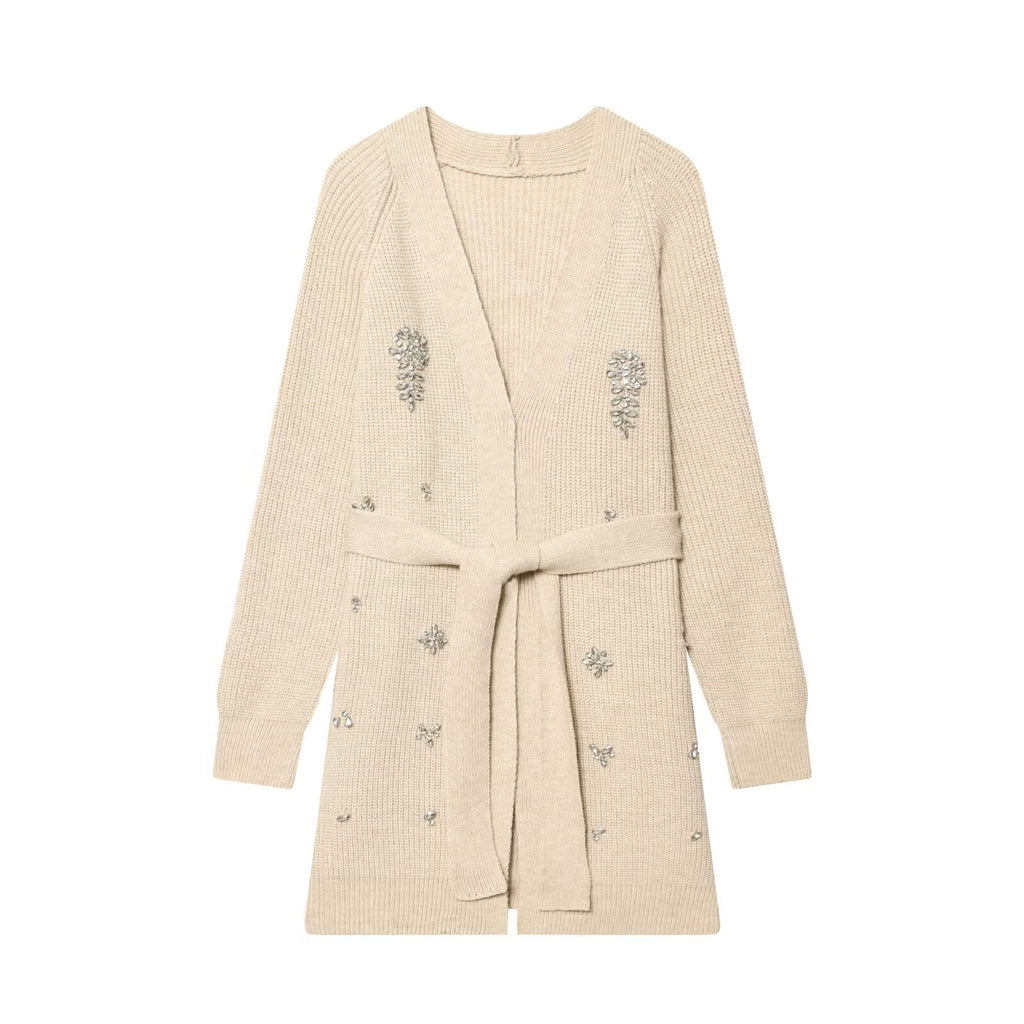Cream knitted cardigan with V-neck, long sleeves, beaded floral accents and tie belt