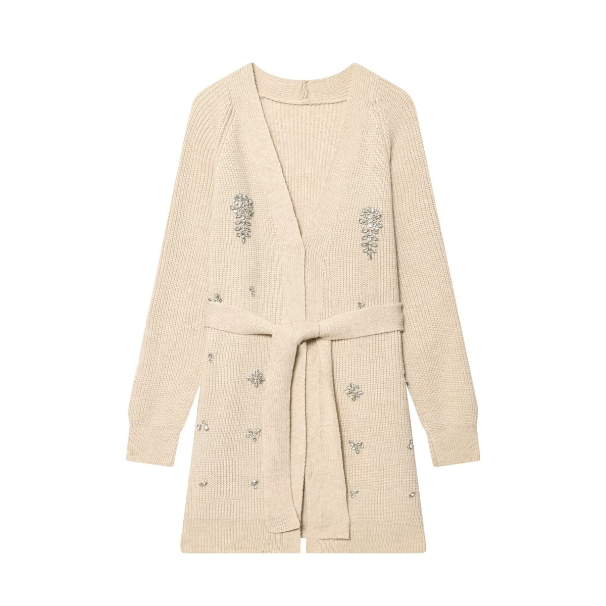 Cream knitted cardigan with V-neck, long sleeves, beaded floral accents and tie belt