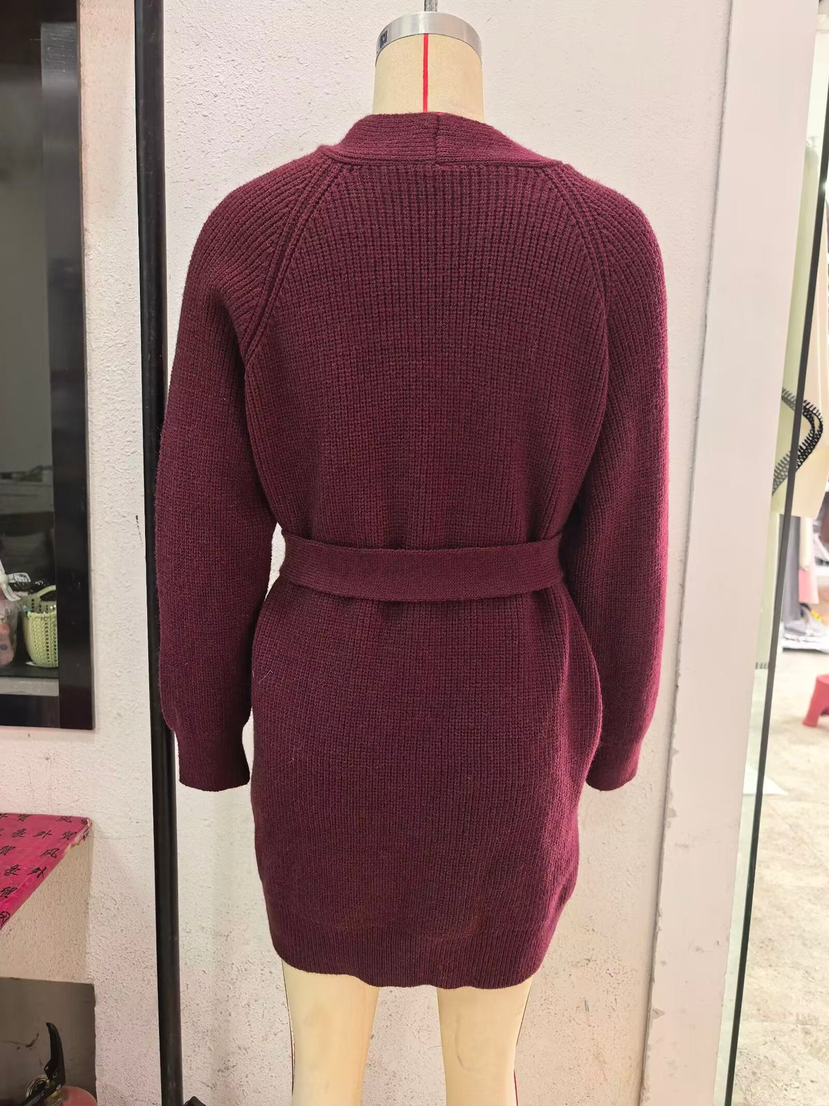 Burgundy knit cardigan back view with long sleeves and tied waist belt