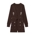 Brown knitted cardigan with V-neck, long sleeves, beaded floral patches and tied belt