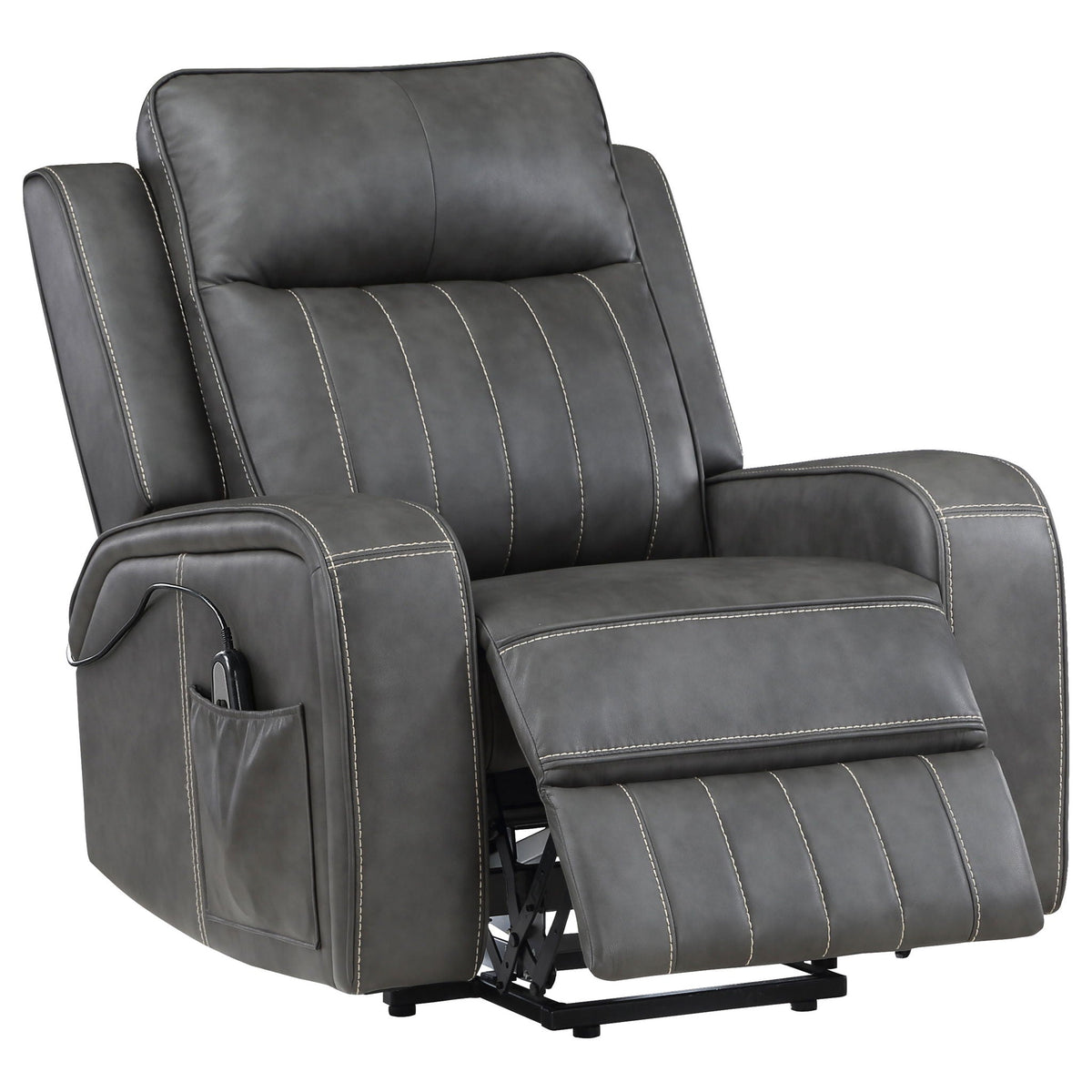 Gray upholstered power lift recliner chair with pull-out footrest and side storage pouch