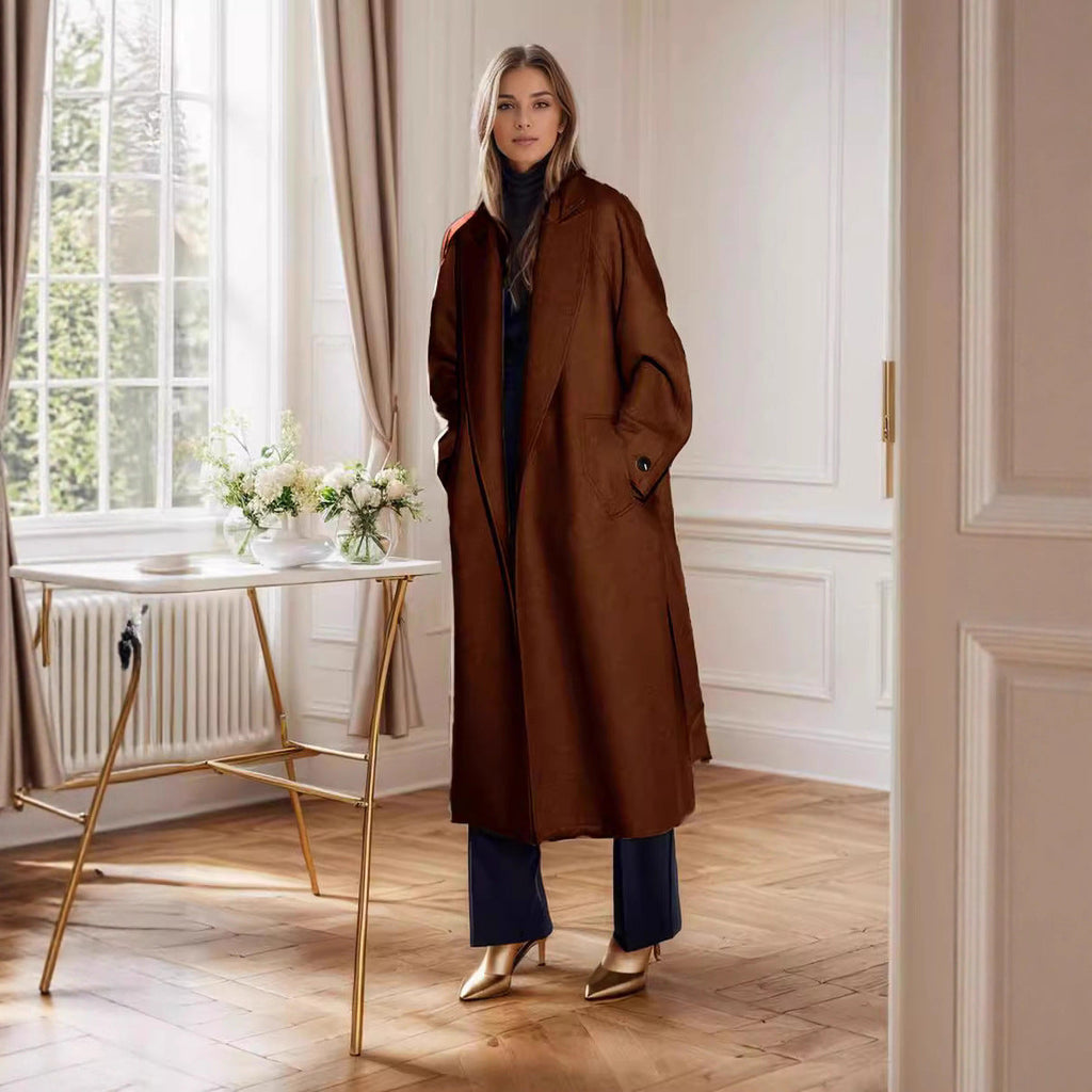 Women\'s brown wool coat with wrap-style front, tie belt, and long sleeves
