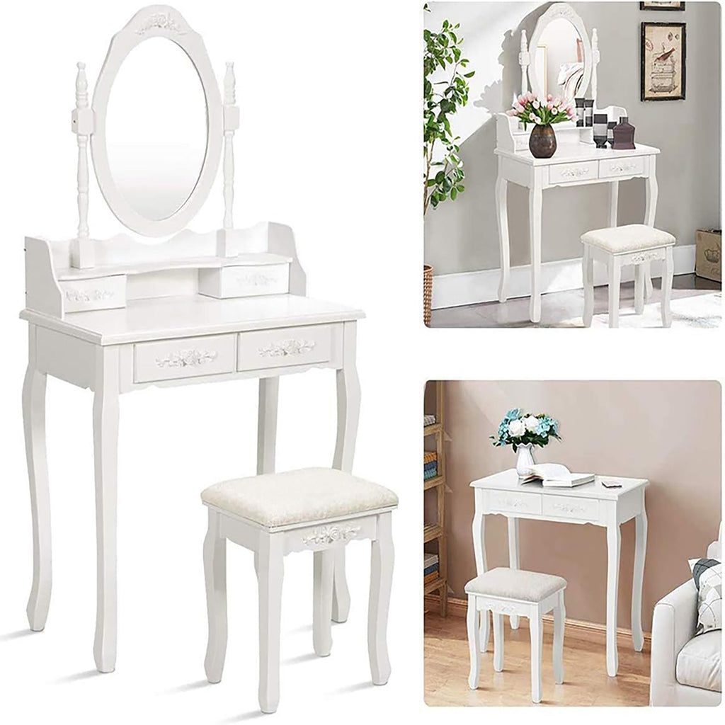 White dressing table set with oval mirror and matching cushioned stool