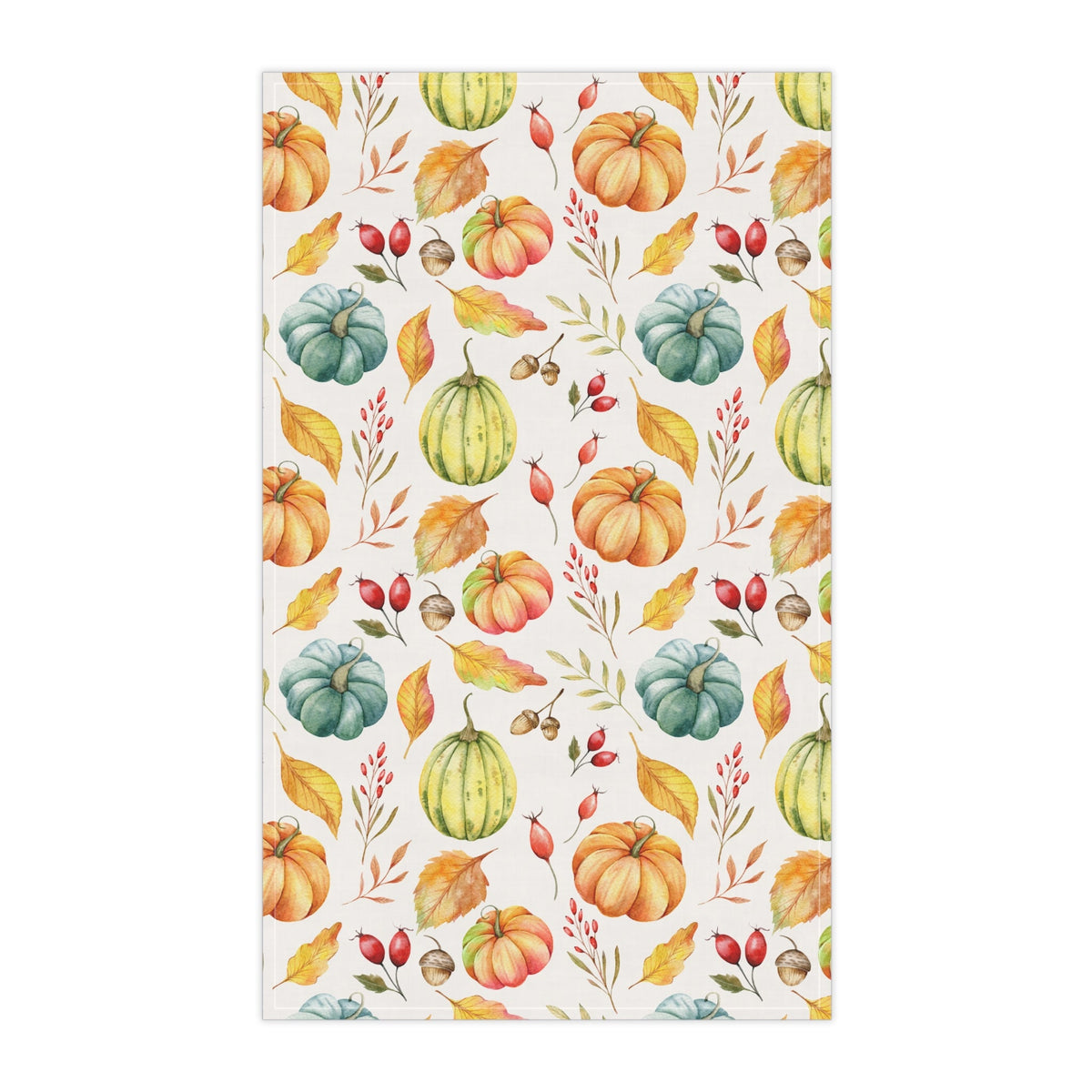 Cream autumn harvest tea towel, straight-on view, repeating pumpkin and leaf print.