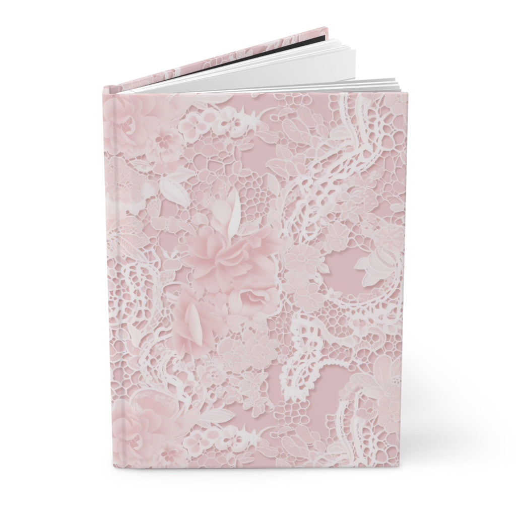 Pink floral lace hardcover journal, side view showing thick spine and layered pages