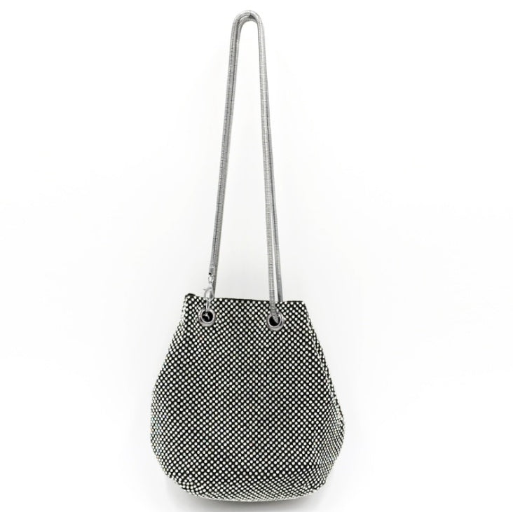Dark crystal beaded crossbody clutch bag with long silver chain strap