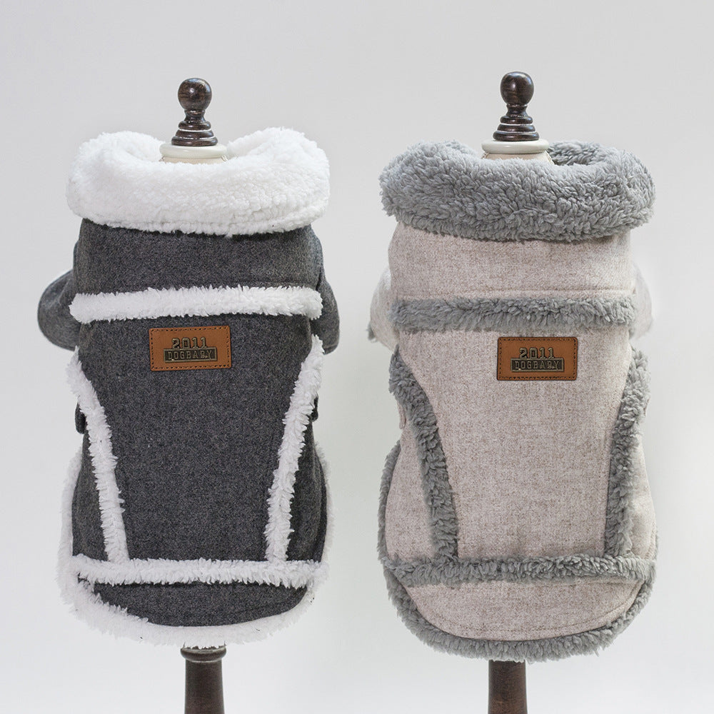 Dog winter fleece jacket set, dark grey and light grey with white trim and warm lining