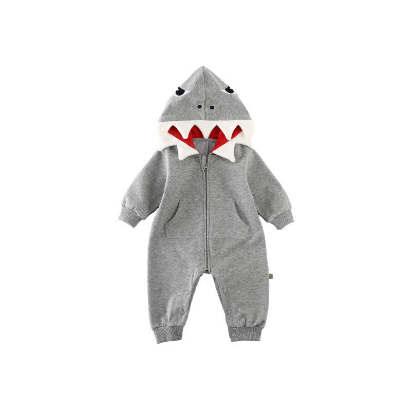 Gray shark hooded romper with full-zip front and fin-shaped hood lining