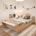 Kids pirate ship bed frame with open sides, anchor/whale motif, light wood