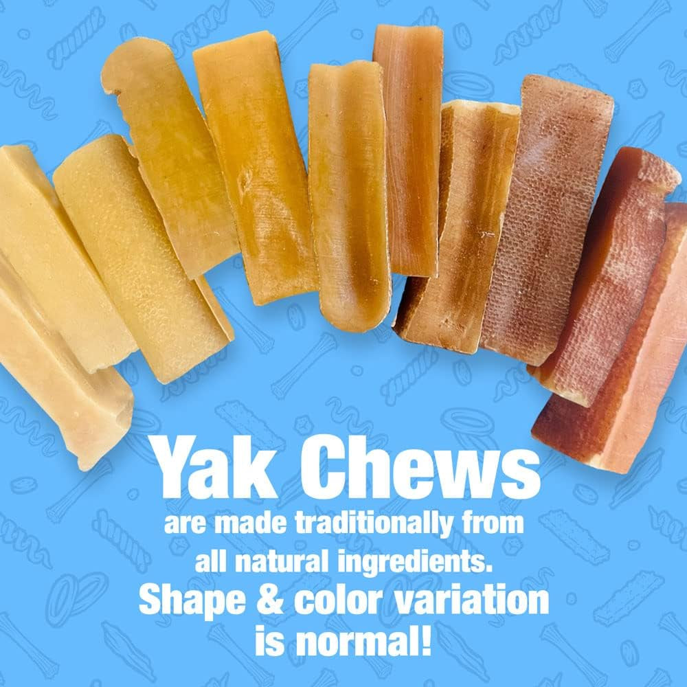 Stacked yak cheese dog chews, assorted tan to amber stick pieces
