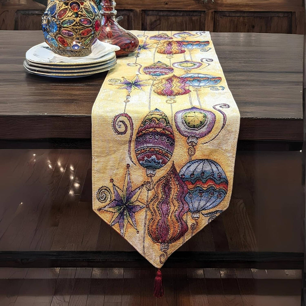 Bohemian tapestry table runner with colorful lanterns, stars, and swirl patterns