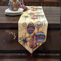 Bohemian tapestry table runner with colorful lanterns, stars, and swirl patterns