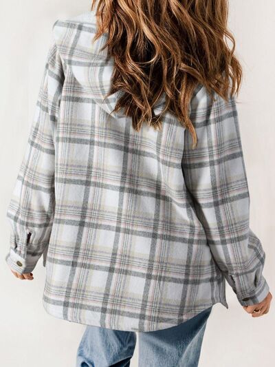 Women’s light gray plaid snap-front hooded jacket with button placket and long sleeves