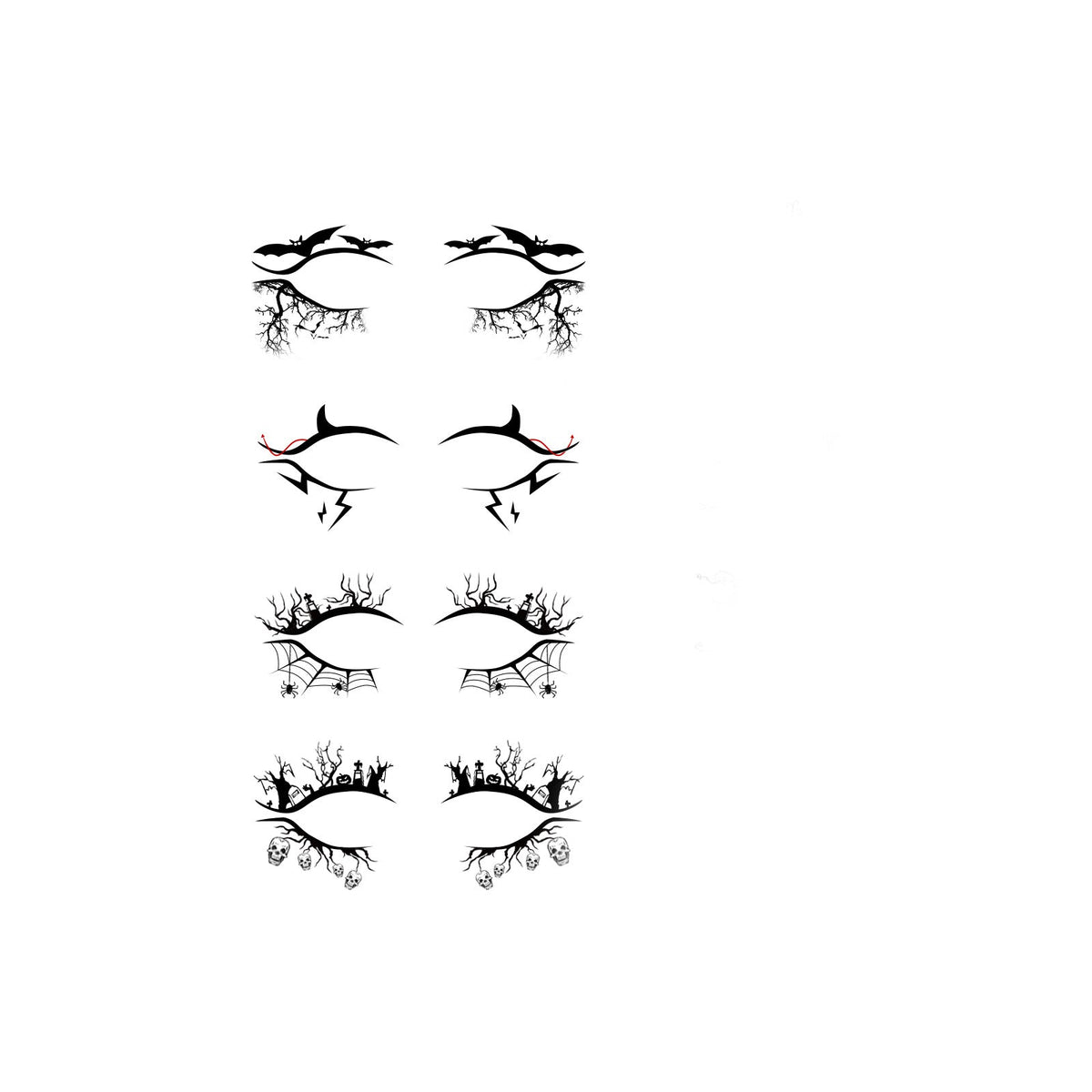Halloween eyelid eyeliner stickers sheet with bat-wing and spider web lashes, black and red
