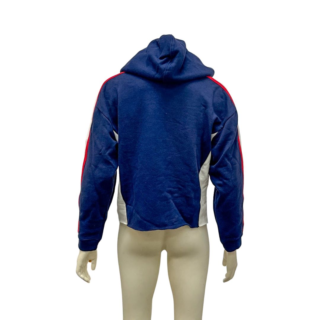 Levis women's cropped hoodie, navy back with red side stripe and cream sleeve panels
