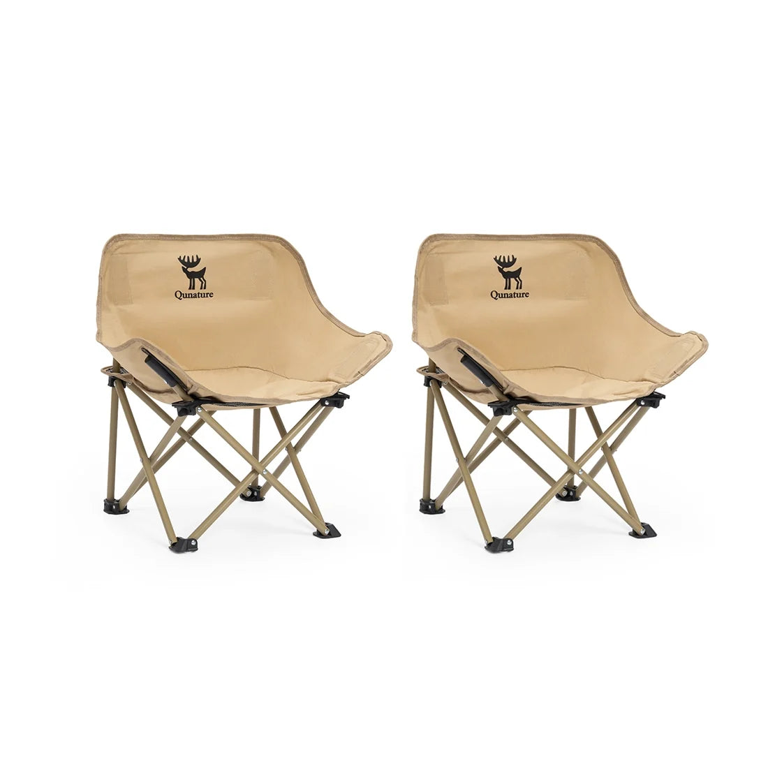 Pair of tan folding camping chairs with padded fabric seats and steel folding frames