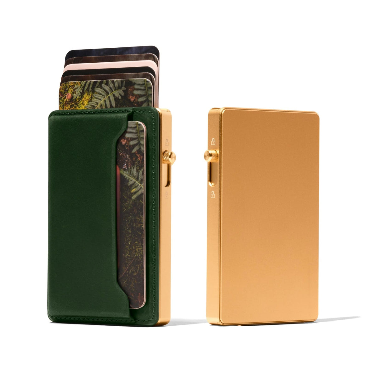 Mod wallet with dark green leather cardholder and gold metal frame, slim card case
