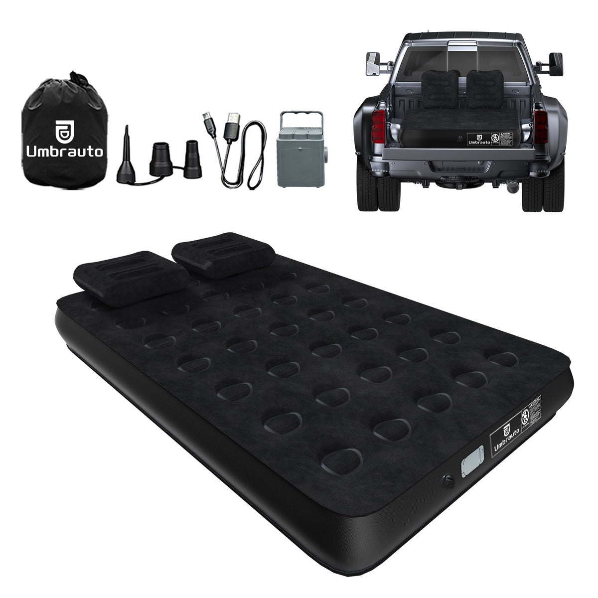 Umbrauto truck bed air mattress, black inflatable mattress with pump kit and carry bag
