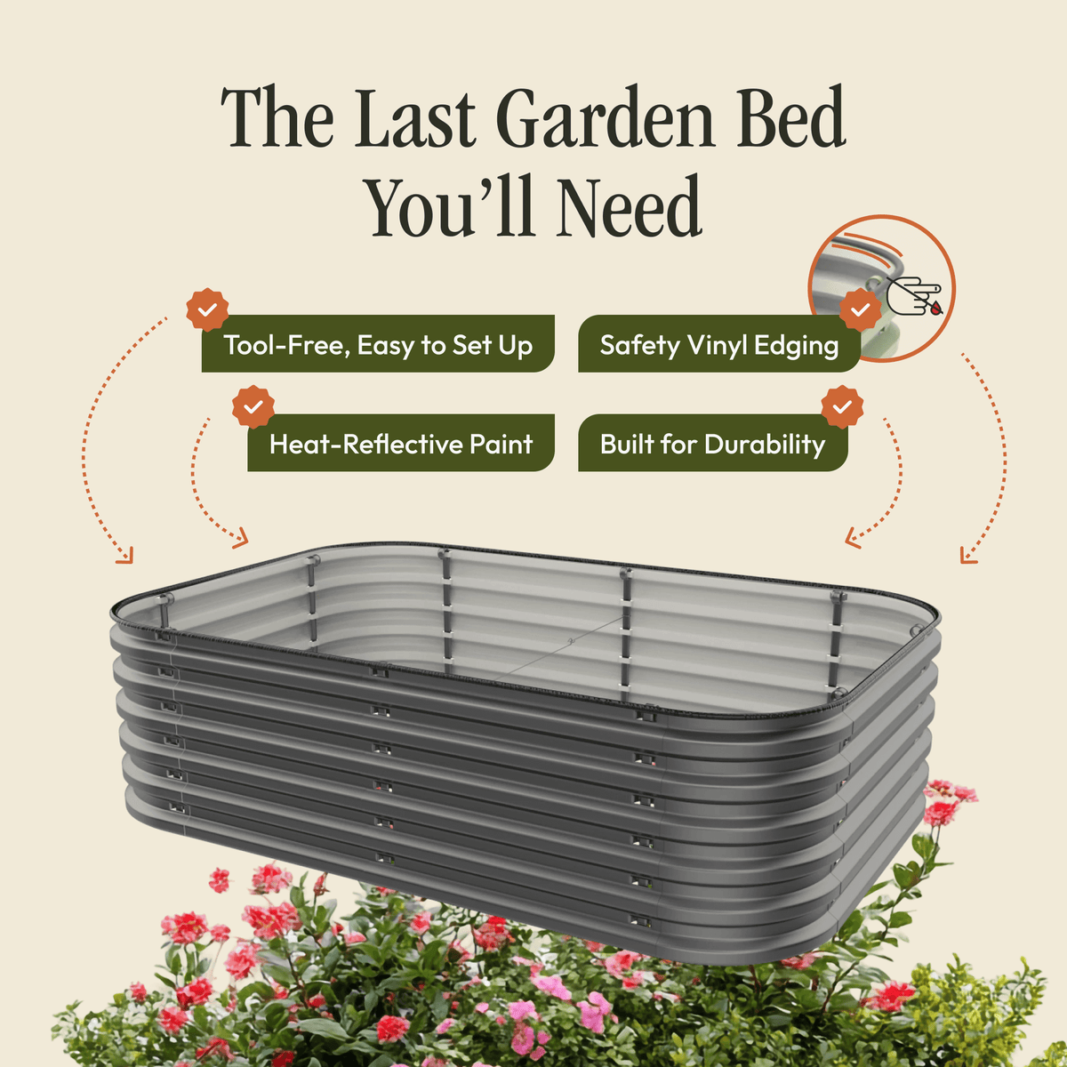 Gray metal raised garden bed kit with clear top vinyl liner and internal support bars