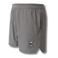 Gray athletic shorts with elastic waistband and skull graphic at front hem.