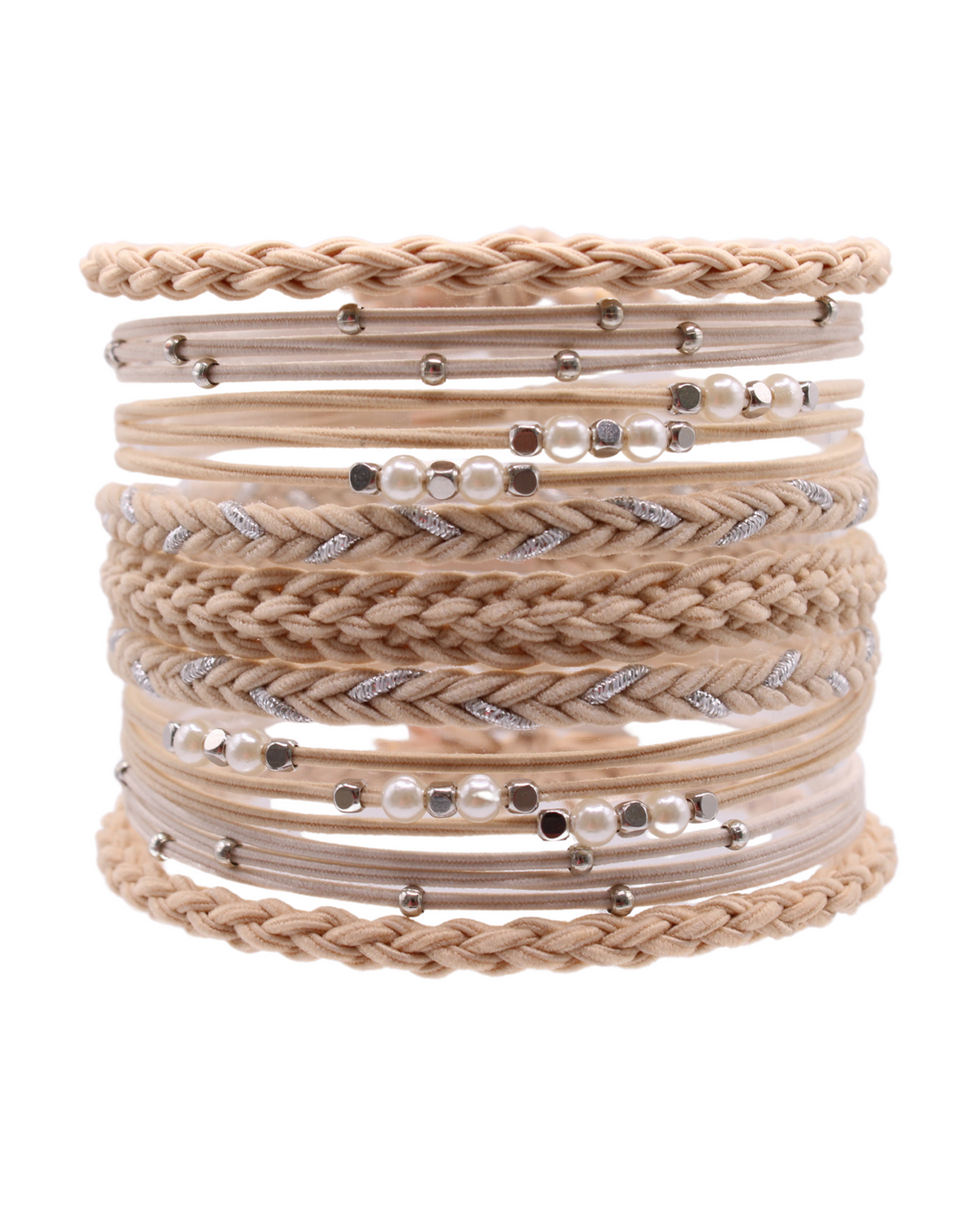 Close-up of latte braided hair tie bracelets with silver beads and rhinestone details
