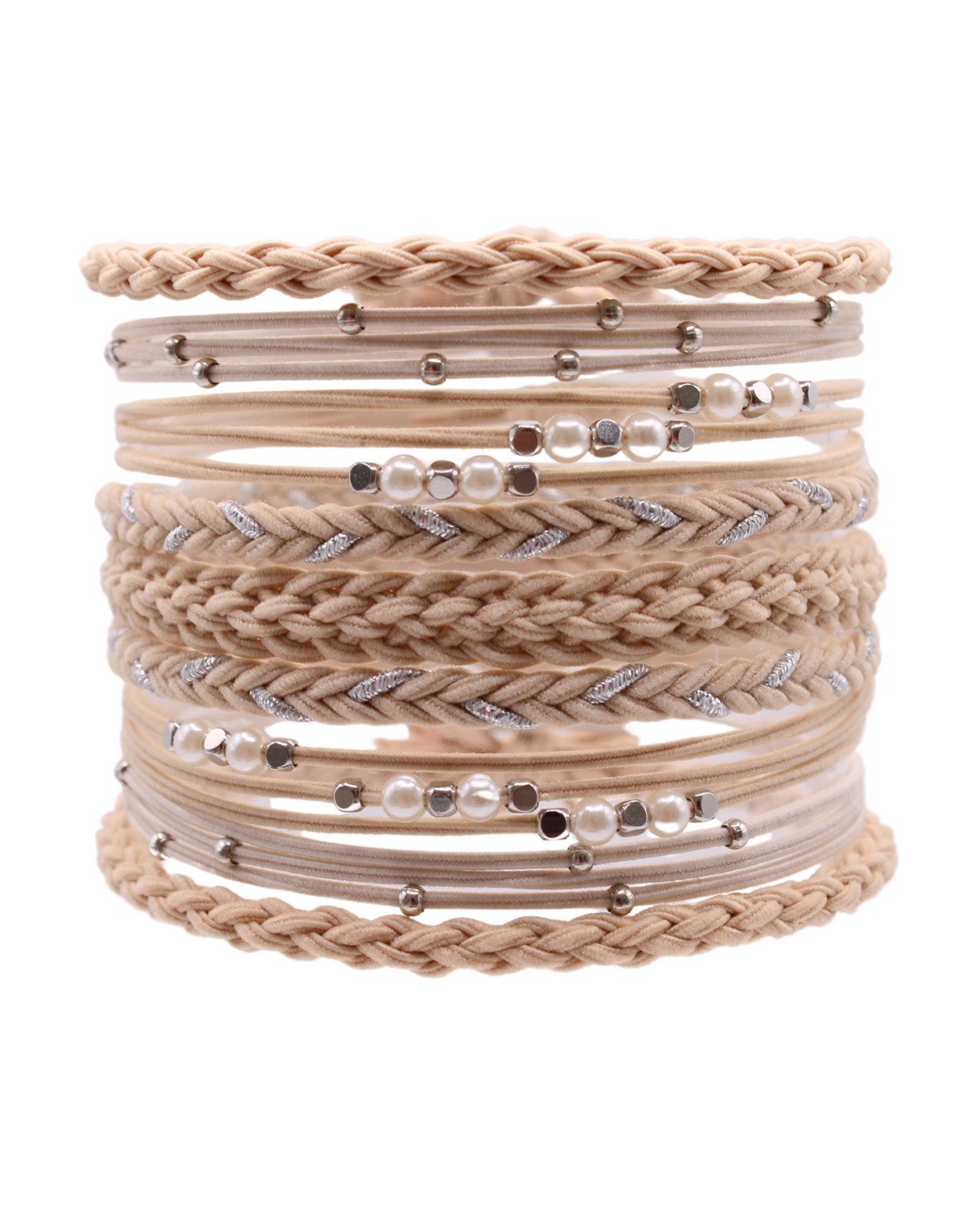 Close-up of latte braided hair tie bracelets with silver beads and rhinestone details