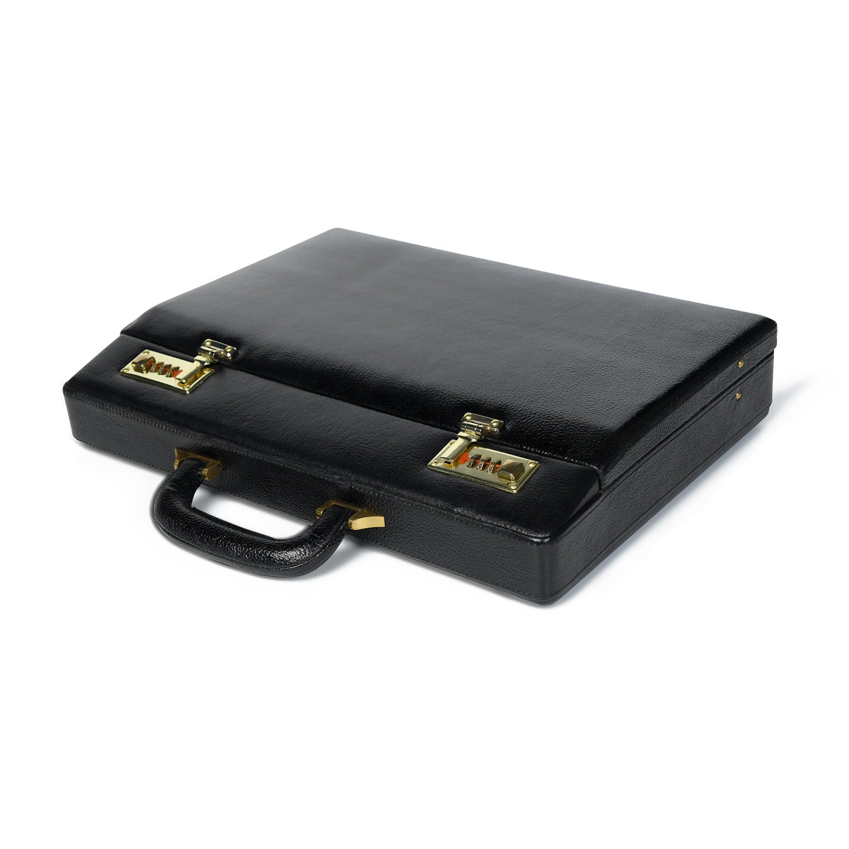 Black leather briefcase with side handle and gold-tone latch plates