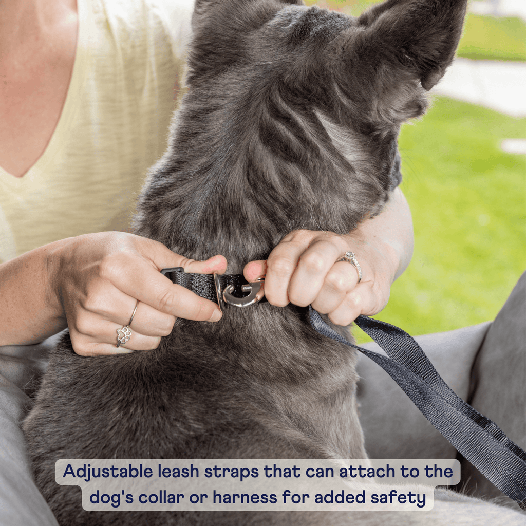Gray tweed dog car bed with adjustable leash strap clipped to collar